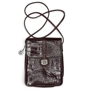 Brighton Oxblood Leather Vtg Croc Embossed Crossbody Bag Silver Buckle & Charm